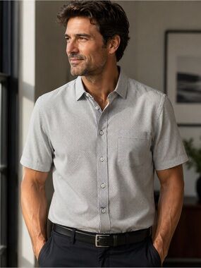 LEO CHEVALIER Designer Men's No Iron Short-Sleeve Shirt in Light Gray Sz L Comfy